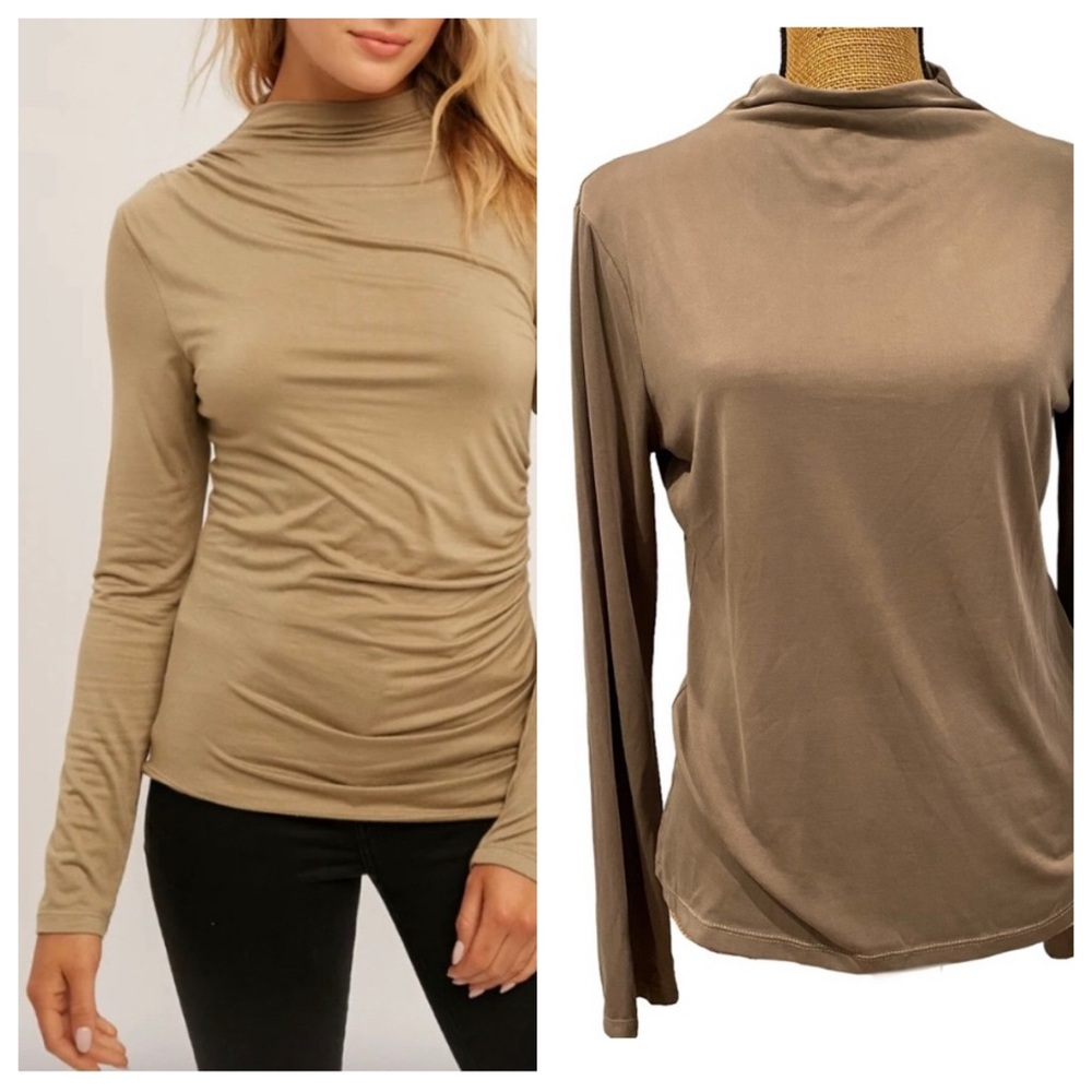 Mystree Taupe Mock Neck Basic Soft Comfort Minimalist Long Sleeve Top L